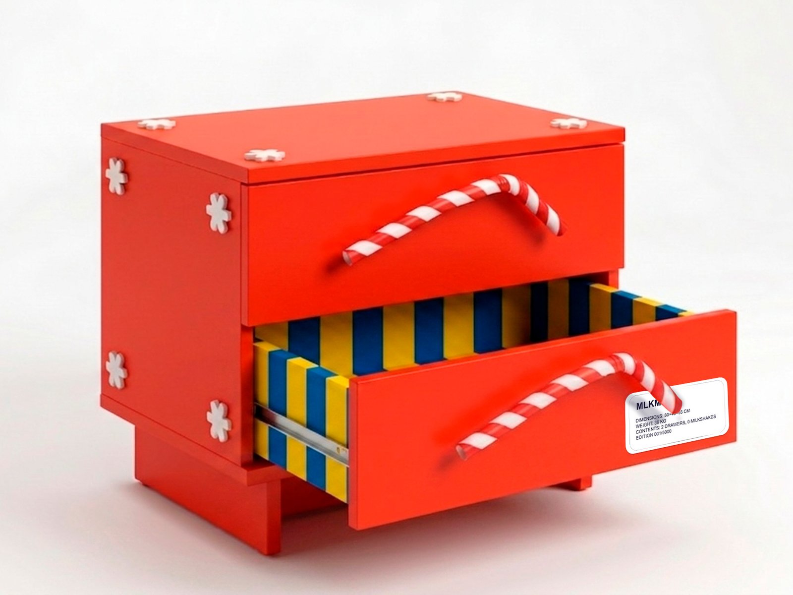 Open drawer showing blue and yellow interior