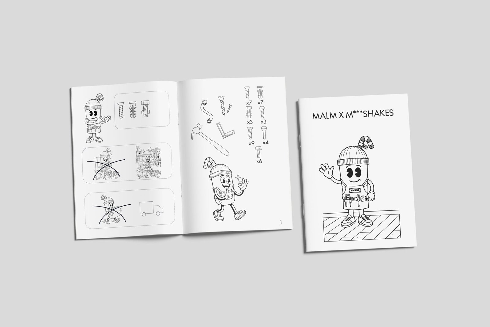 Pages of MALM x M***SHAKES manual with Milky mascot